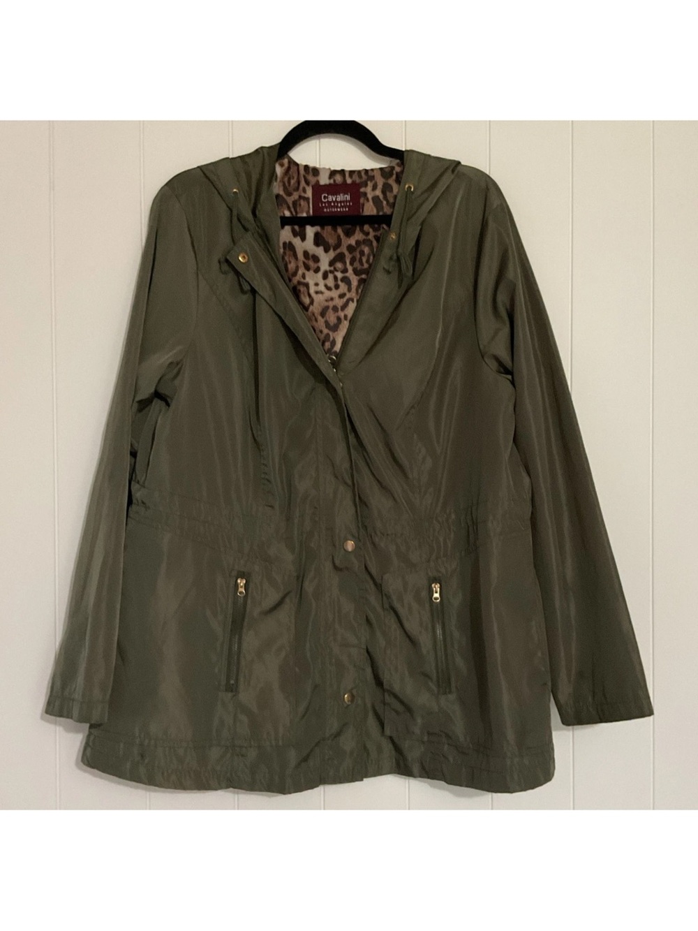 Cavalini 1X Olive Hooded Utility Jacket Leopard Lining lightweight/Packable